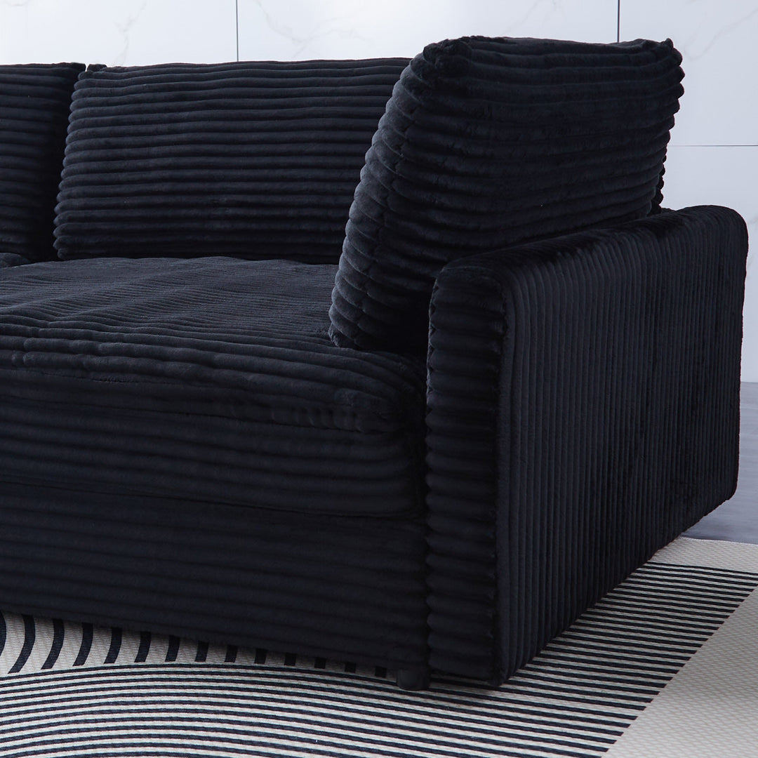 112-Inch Black Corduroy Sofa β Deep Seat, Double-Layer Cushion, 4-Seater with Pillows