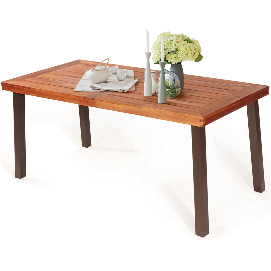 67.5" Rectangular Acacia Wood Dining Table – Indoor/Outdoor Rustic Table with Steel Legs & Umbrella Hole