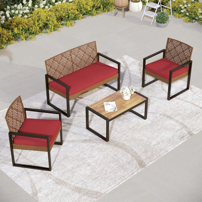 Armantine Darb 4-Person Wicker Patio Set | Acacia Wood Table & Cushioned Seating