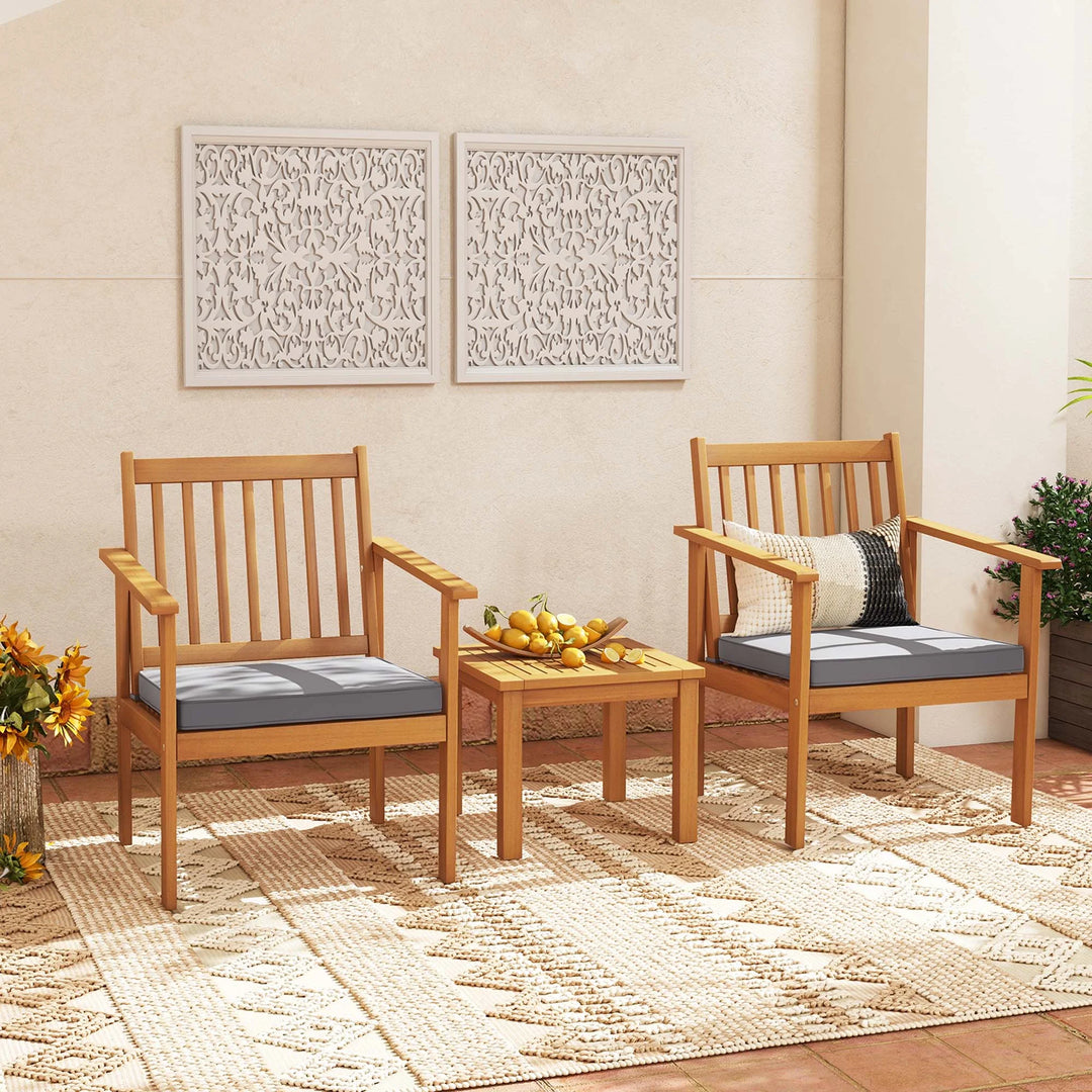 3-Piece Acacia Wood Outdoor Patio Set | Natural Finish with Gray Cushions