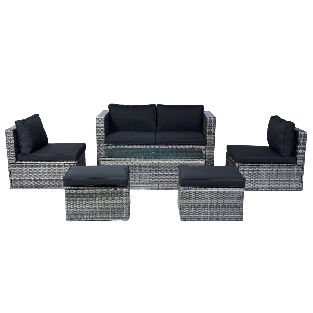 6-Piece Grey Wicker Patio Sectional Set with Black Cushions