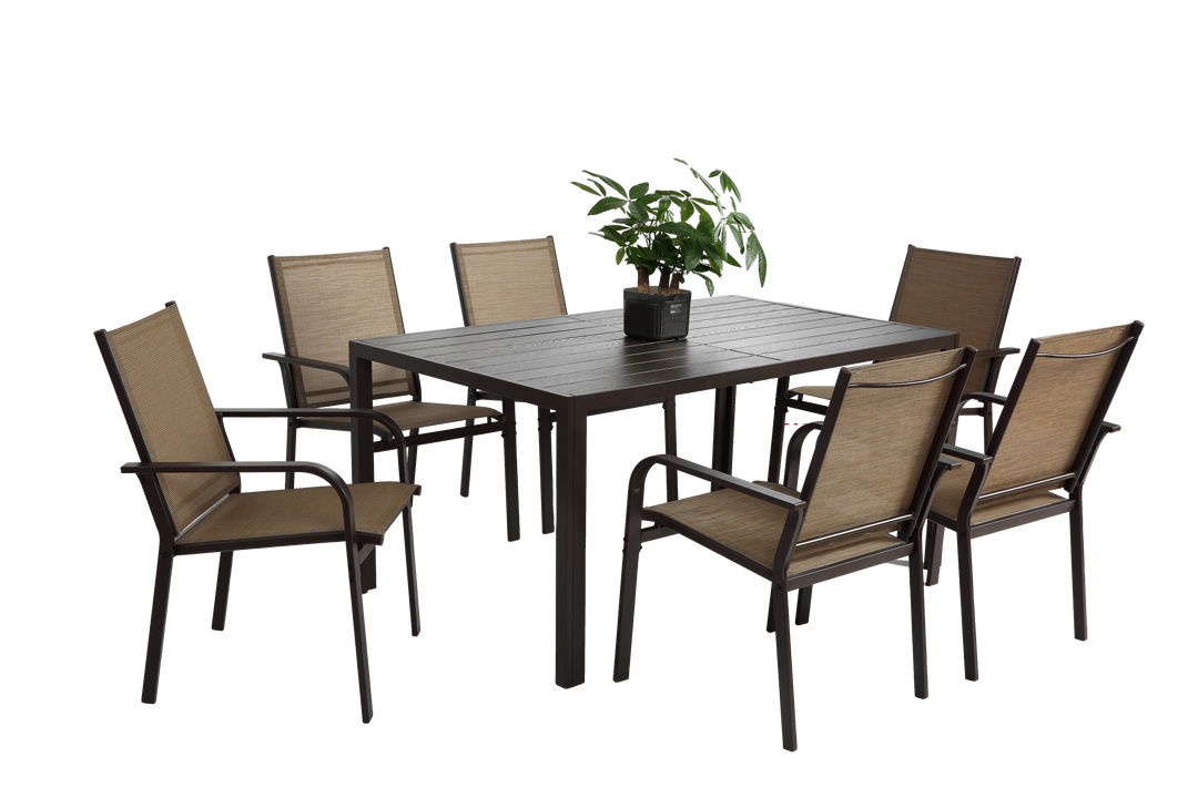 7-Piece Patio Dining Set with Table and 6 Stackable Textilene Chairs, Brown