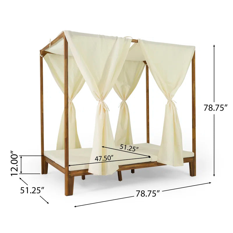 Acacia Wood Outdoor Patio Daybed | 51" Double Chaise with Adjustable Backrests & Canopy Frame