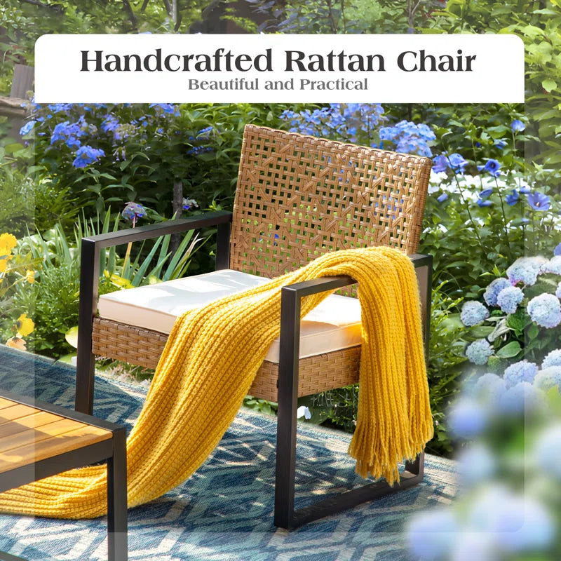 Armantine Darb 4-Person Wicker Patio Set | Acacia Wood Table & Cushioned Seating