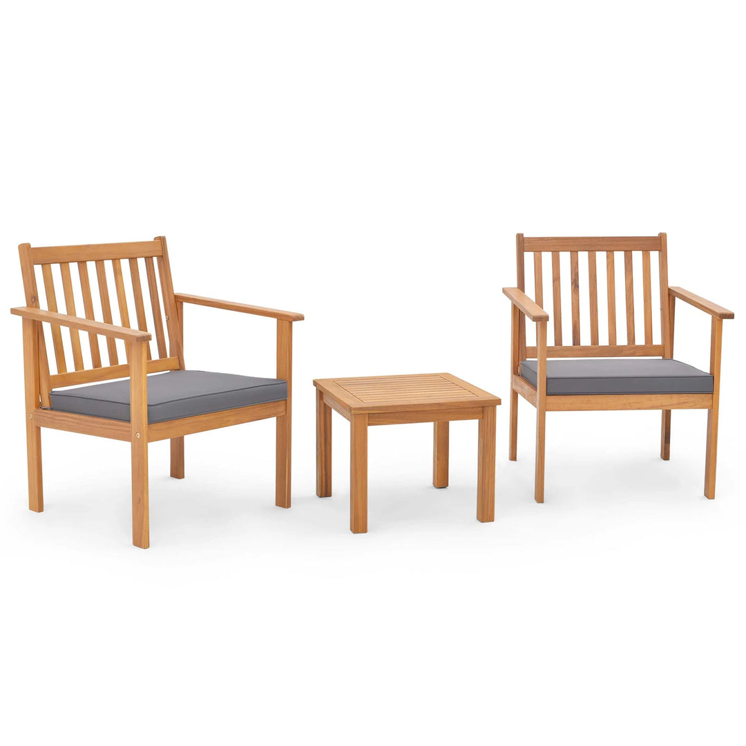 3-Piece Acacia Wood Outdoor Patio Set | Natural Finish with Gray Cushions