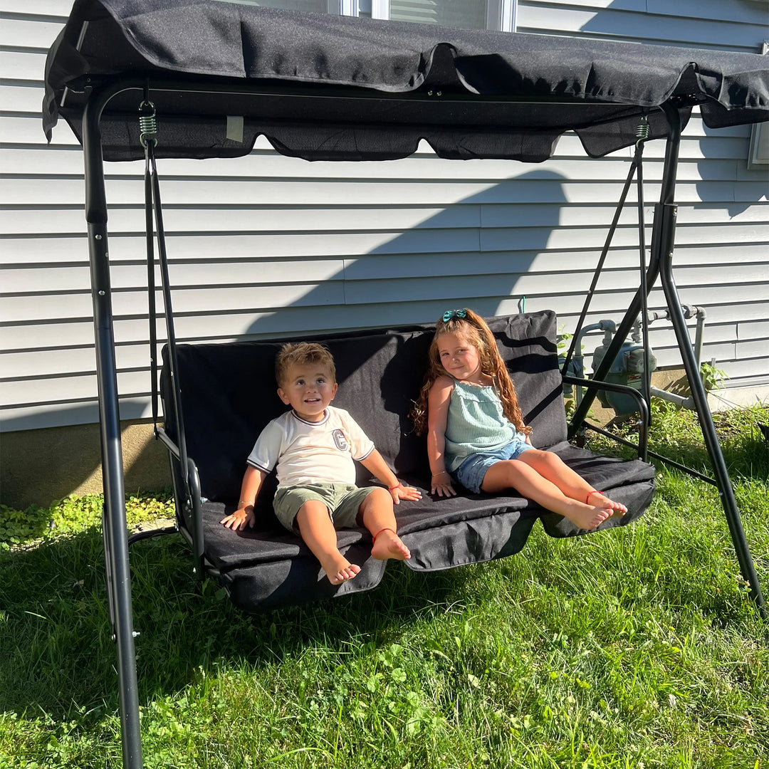 3-Seat Outdoor Patio Swing Chair with Cushions & Adjustable Canopy β Black Steel Frame