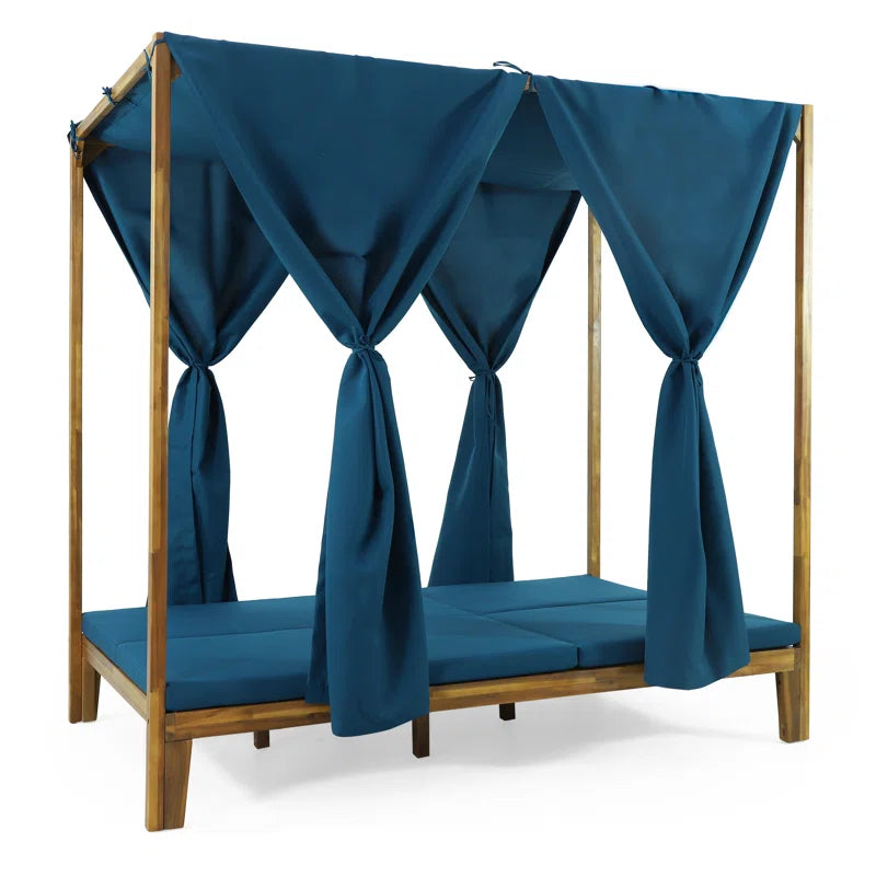 Acacia Wood Outdoor Patio Daybed | 51" Double Chaise with Adjustable Backrests & Canopy Frame