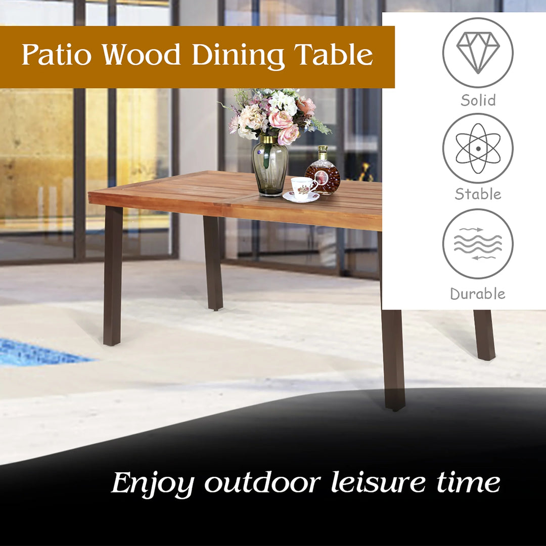 67.5" Rectangular Acacia Wood Dining Table – Indoor/Outdoor Rustic Table with Steel Legs & Umbrella Hole