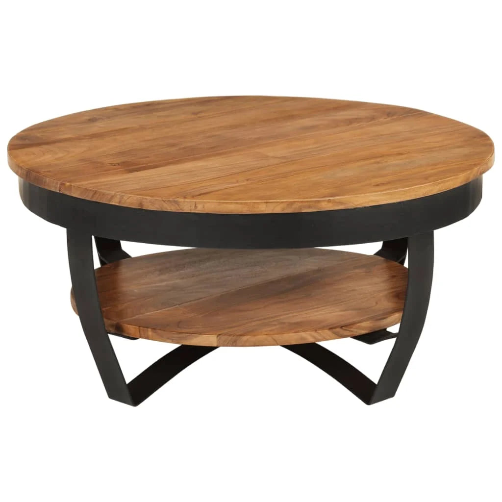 25.6" Solid Acacia Wood Coffee Table with Shelf – Industrial Style with Powder-Coated Steel Base