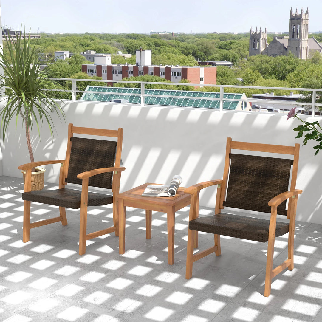 3-Piece Wicker Patio Bistro Set with Acacia Wood Side Table β Outdoor Chair Set for Porch, Balcony, or Backyard