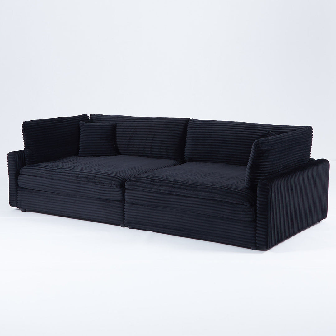 112-Inch Black Corduroy Sofa β Deep Seat, Double-Layer Cushion, 4-Seater with Pillows