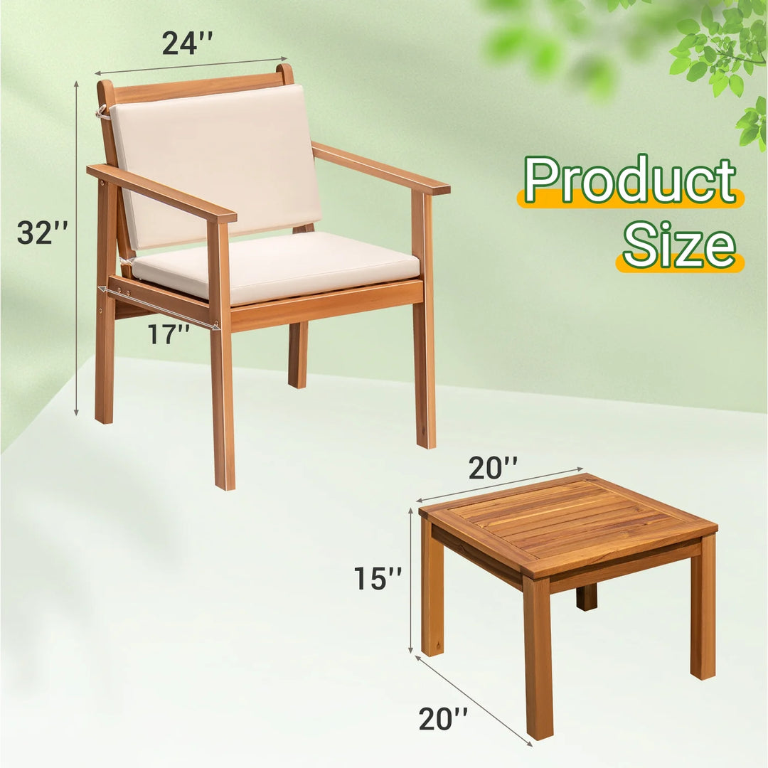 3-Piece Acacia Wood Patio Conversation Set | Beige Cushions & Side Table