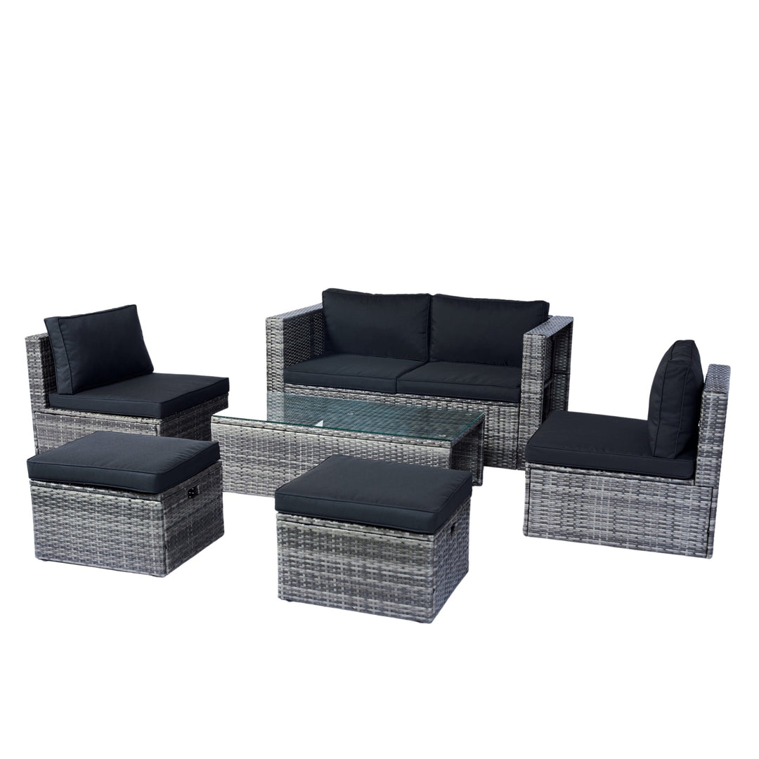 6-Piece Grey Wicker Patio Sectional Set with Black Cushions