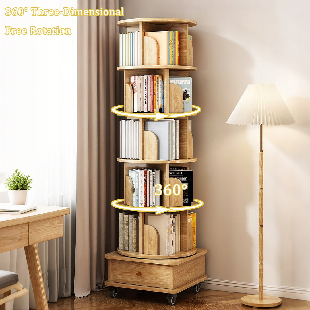 6-Tier 360° Rotating Bookshelf Tower – Wood Finish