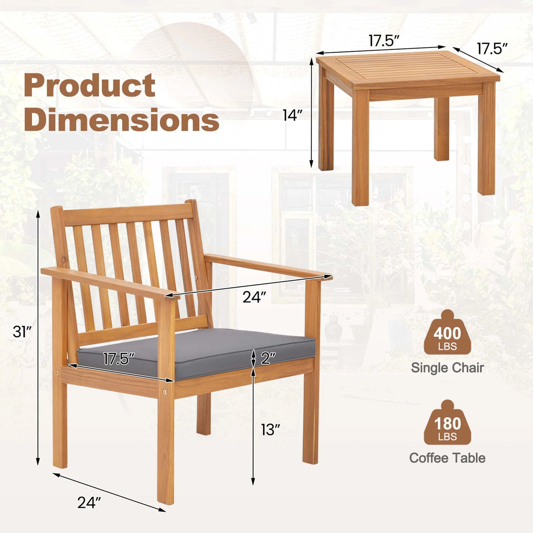 3-Piece Acacia Wood Outdoor Patio Set | Natural Finish with Gray Cushions