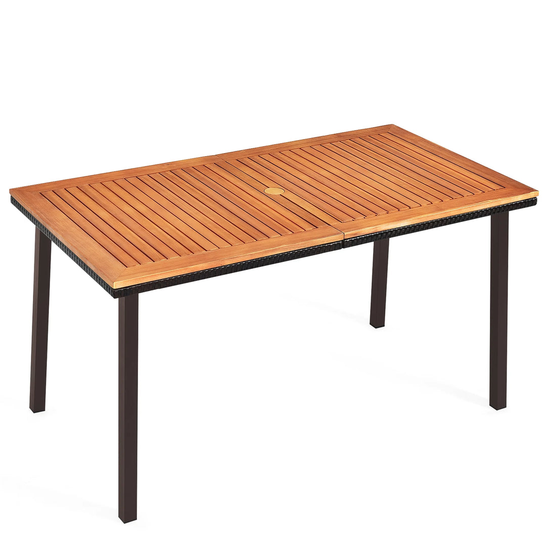 Outdoor Rectangle Acacia Wood Dining Table – 55” Patio Table with 2” Umbrella Hole and Steel Frame