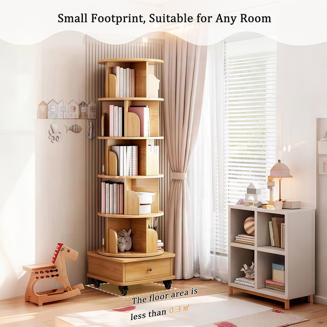 6-Tier 360° Rotating Bookshelf Tower – Wood Finish