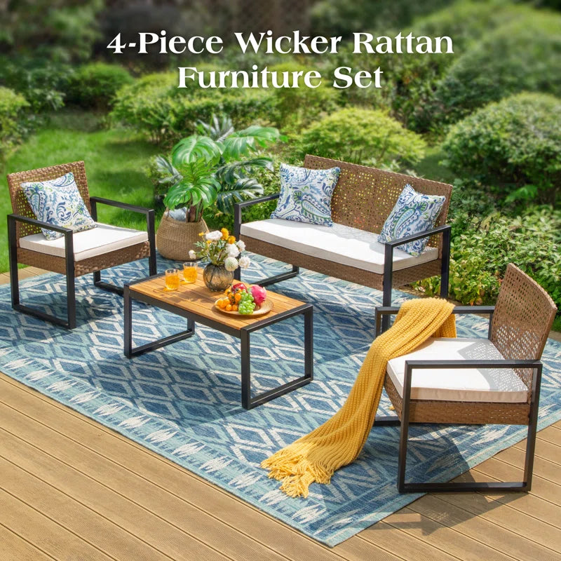 Armantine Darb 4-Person Wicker Patio Set | Acacia Wood Table & Cushioned Seating