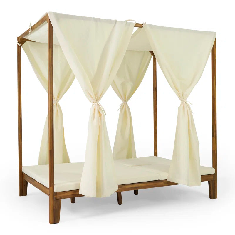 Acacia Wood Outdoor Patio Daybed | 51" Double Chaise with Adjustable Backrests & Canopy Frame