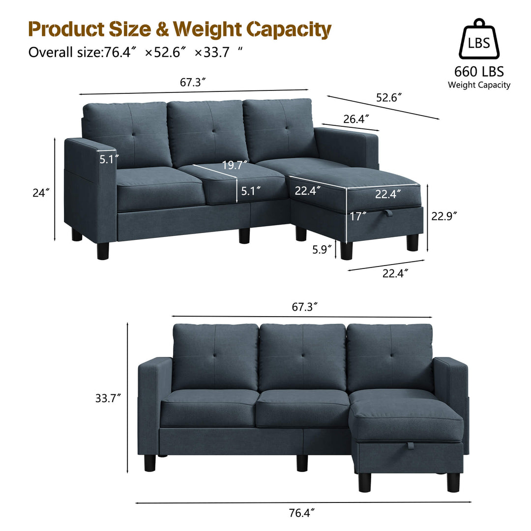 3-Seat Modern Sectional Sofa with Reversible Chaise – Contemporary Comfort for Modern Living