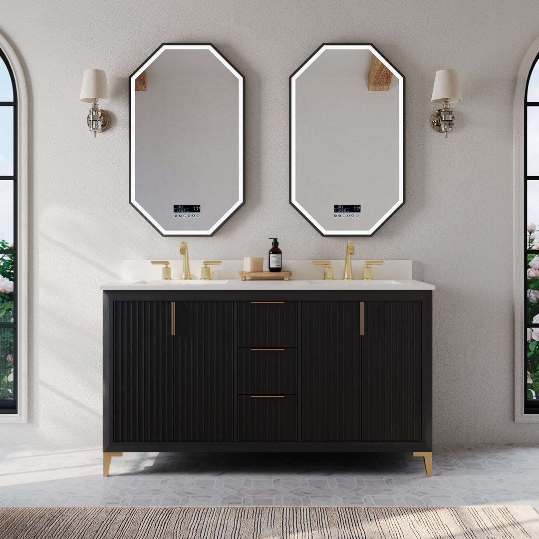 Turlington Oak Vanity with White Quartz Top & Gold Hardware