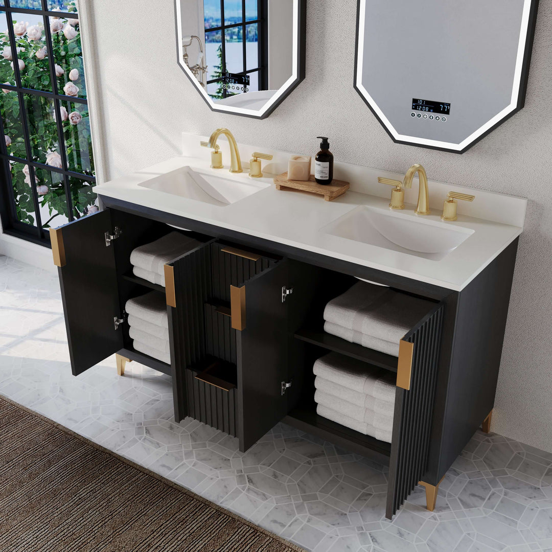 Turlington Oak Vanity with White Quartz Top & Gold Hardware