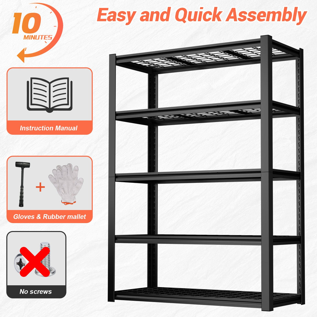 47" Black Metal 5-Tier Adjustable Storage Rack, Heavy-Duty