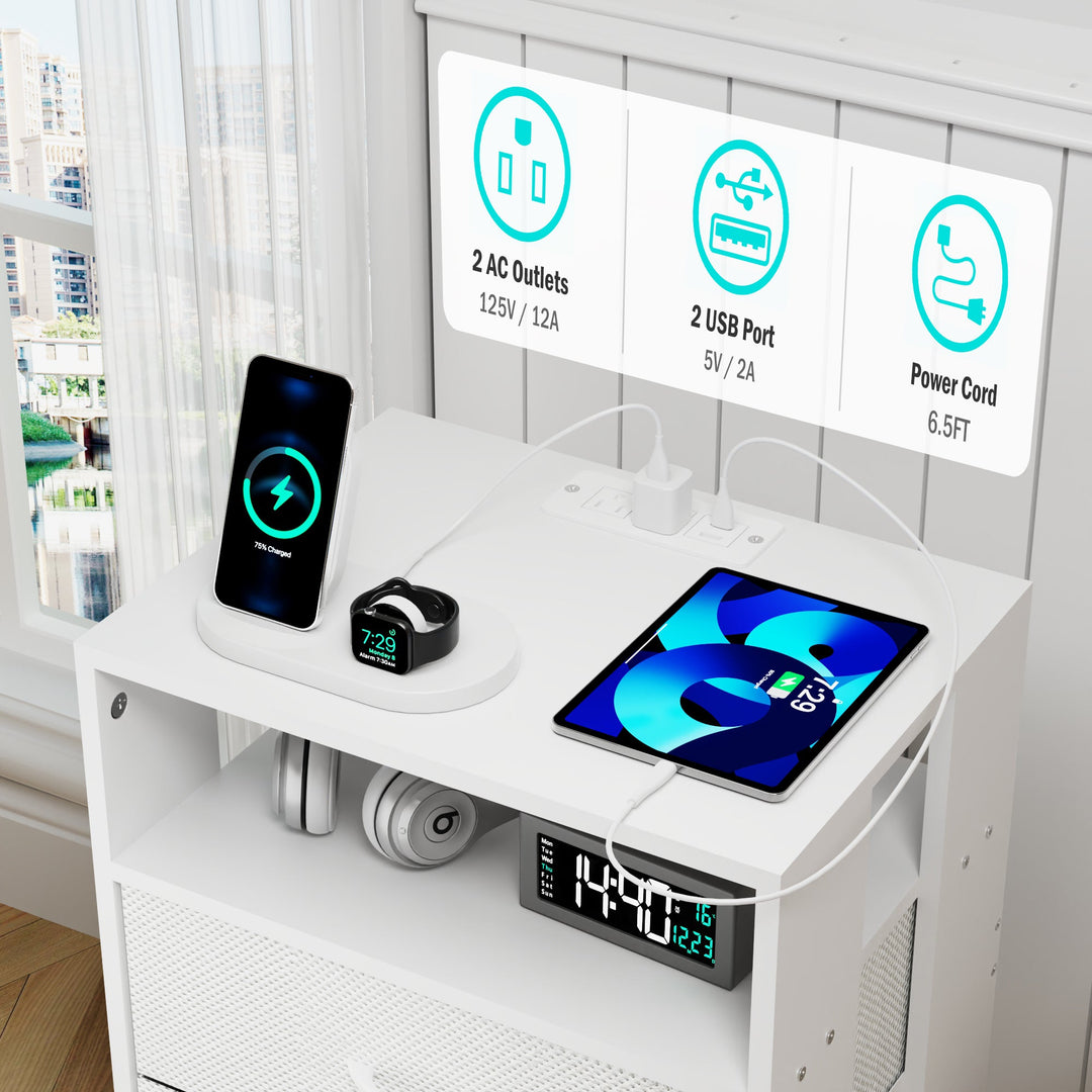 2-Pack White Modern Nightstands with Charging Station, LED Lights