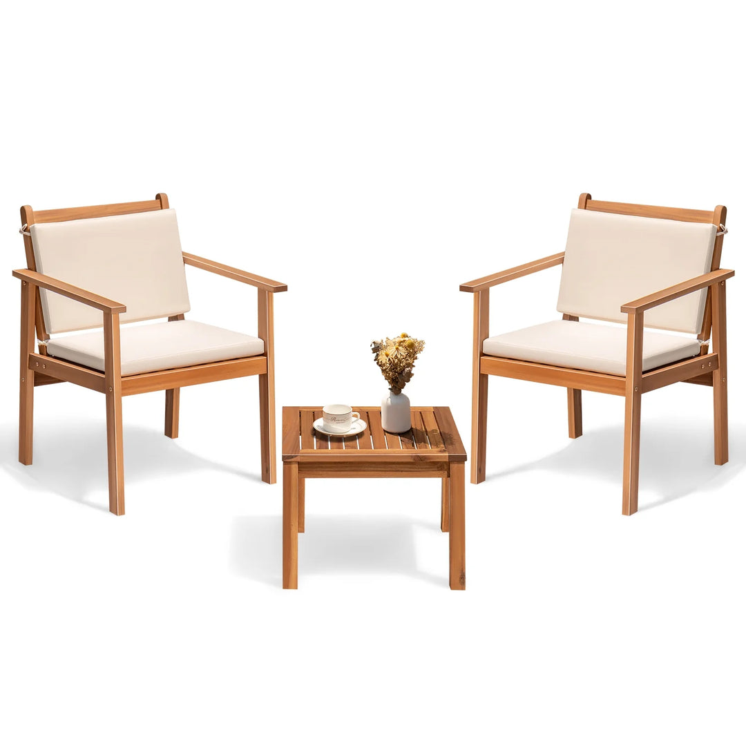 3-Piece Acacia Wood Patio Conversation Set | Beige Cushions & Side Table
