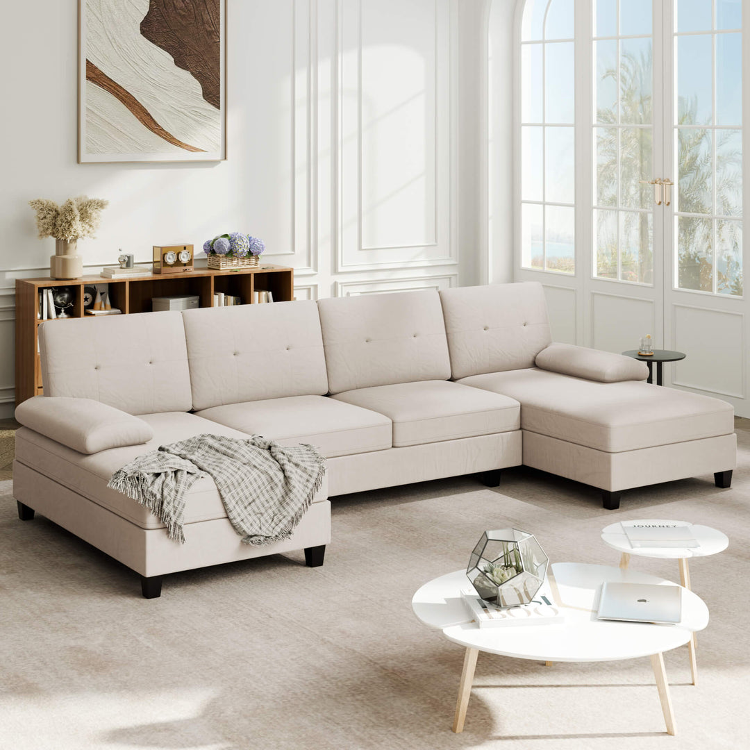 106" U-Shaped 4-Seat Modern Sectional Sofa with Double Chaises – Linen Upholstery
