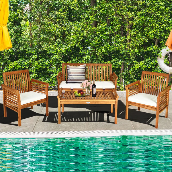 4-Piece Outdoor Sofa Set – Acacia Wood Patio Seating with Cushions and Coffee Table