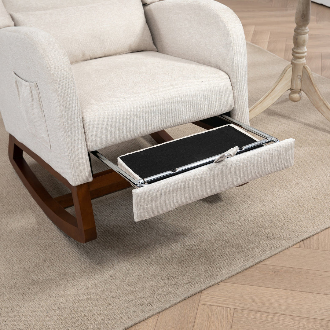 25.4" Beige Nursery Rocking Chair with Footrest, Side Pocket