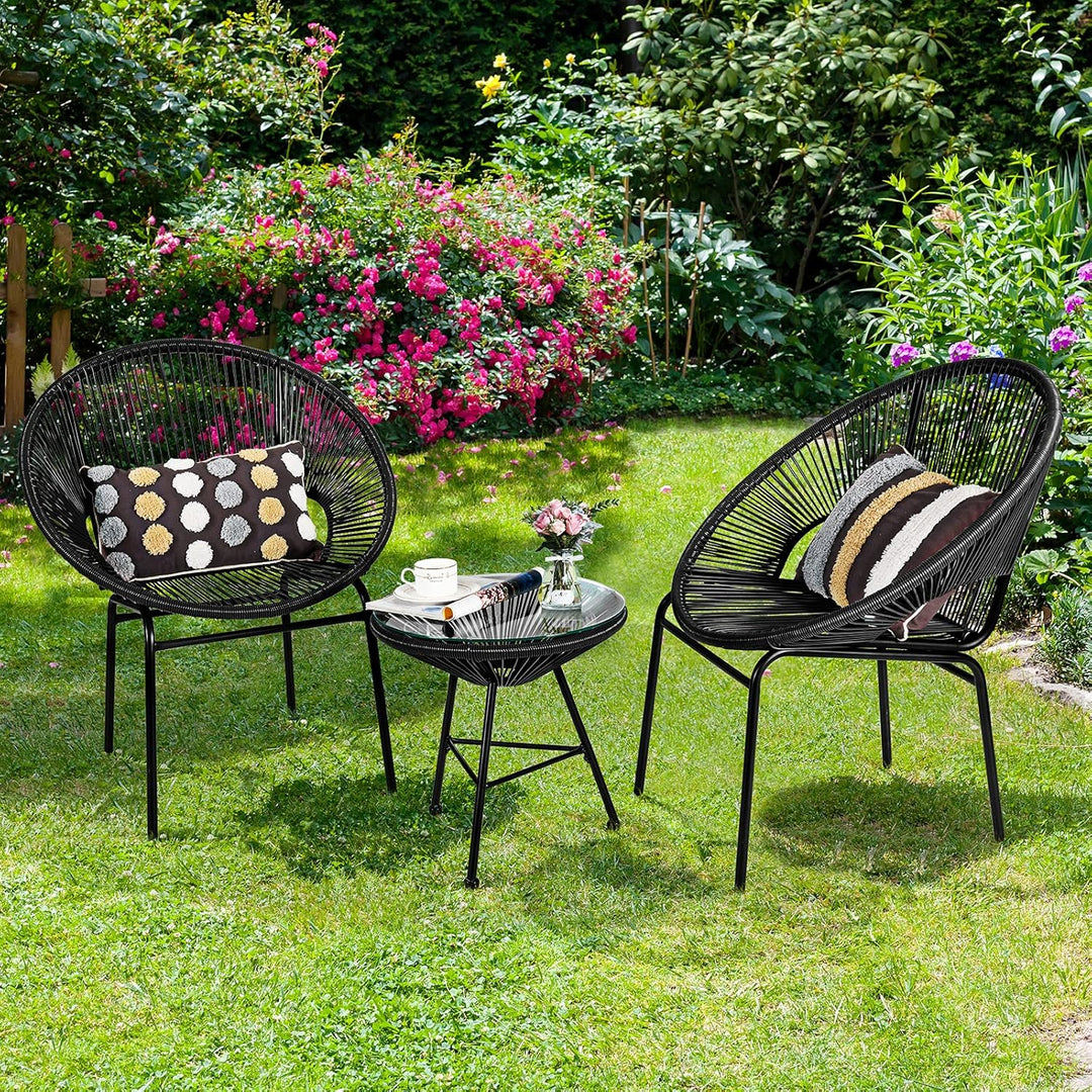 Acapulco 3-Piece Modern Patio Bistro Set – All-Weather Woven Rope Chairs & Tempered Glass Table (Black)