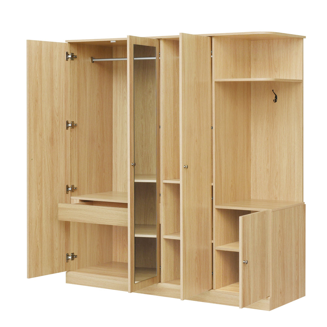 4-Door Natural Wood Wardrobe with Mirror, Shelves, Drawer