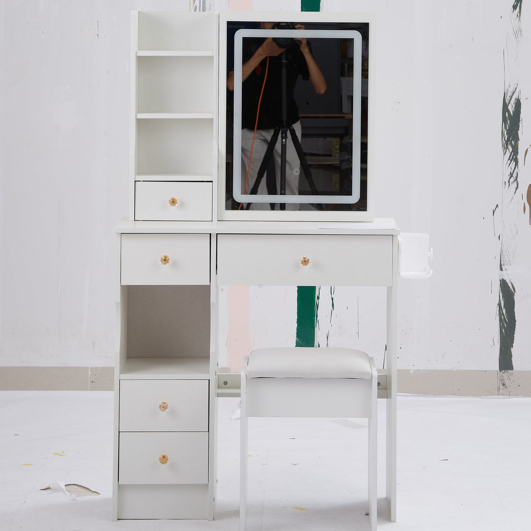 29.2" White Compact Vanity Table with LED Mirror, Charging Station, Stool