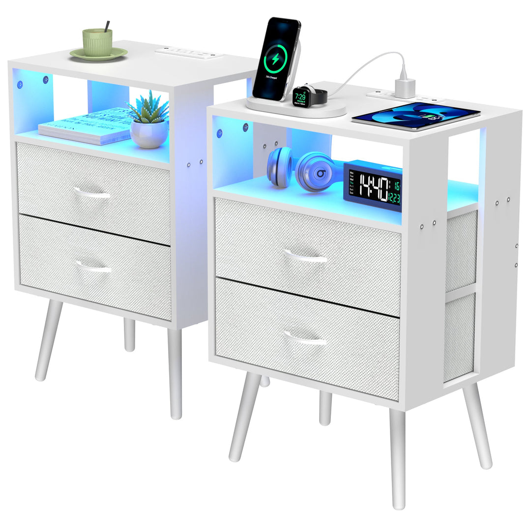2-Pack White Modern Nightstands with Charging Station, LED Lights
