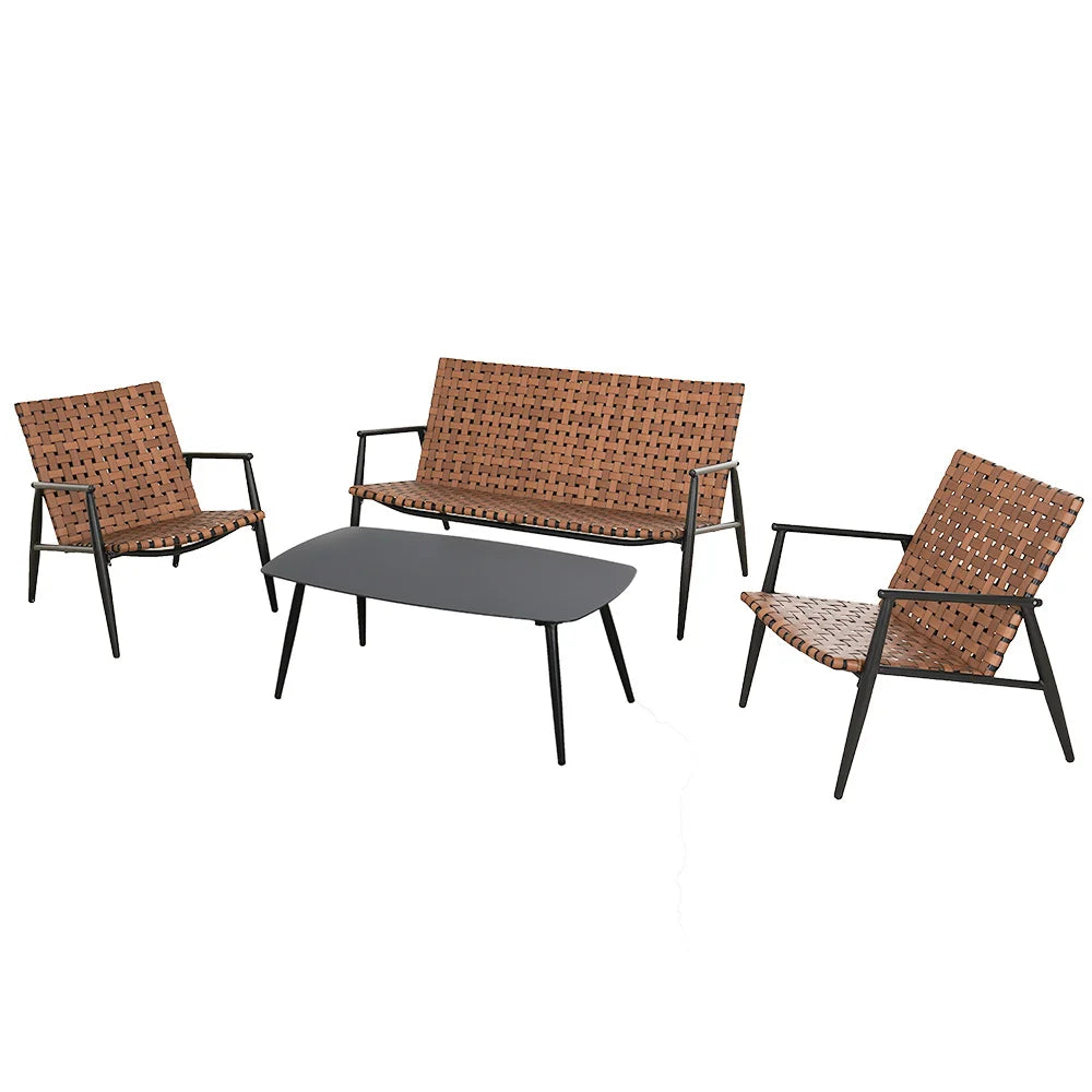 Aksel Set of 4 All-Weather Wicker Outdoor Lounge Chairs – Mid-Century Modern Patio Seating in Vintage Brown