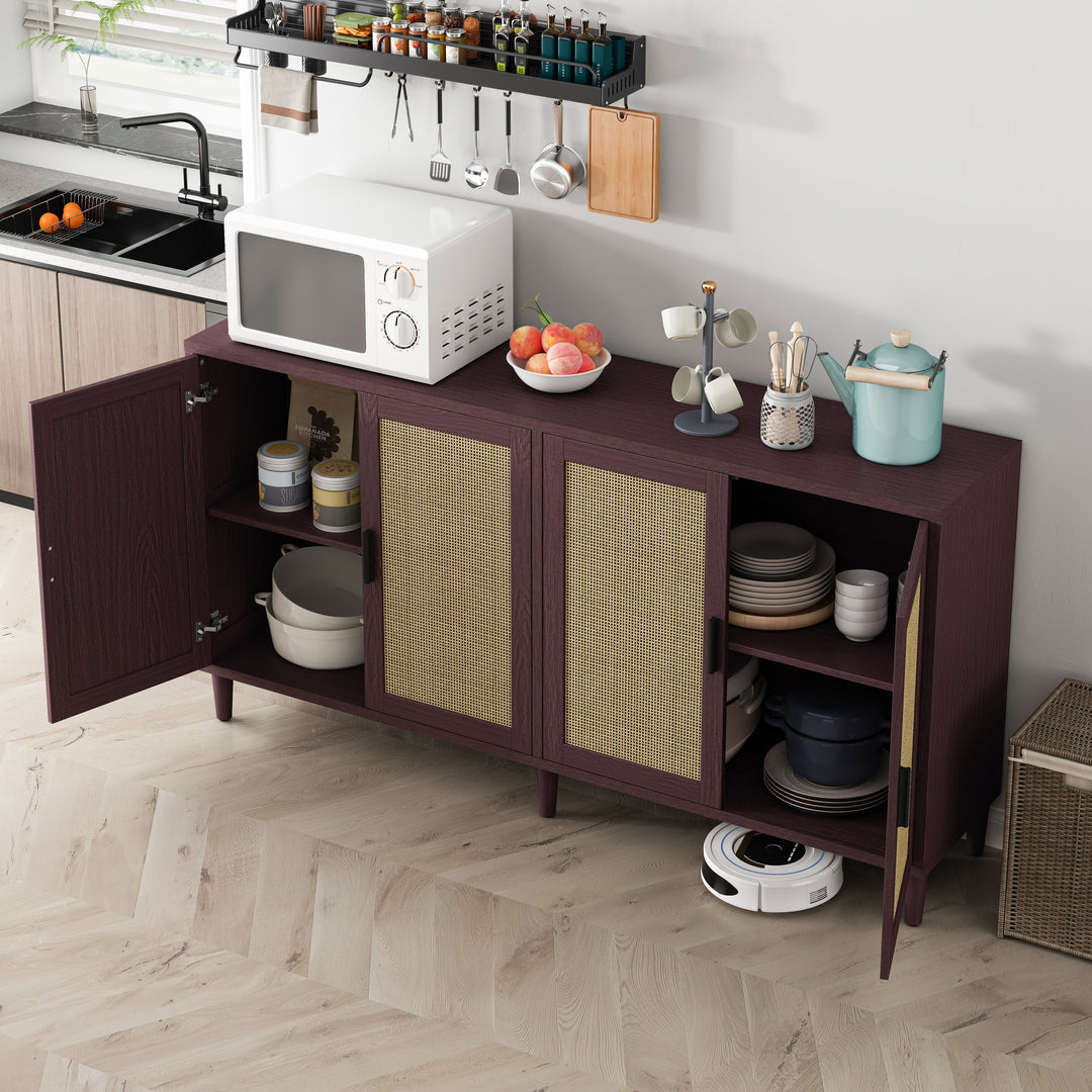 70" Rattan 4-Door Buffet Cabinet with Adjustable Shelves, Brown