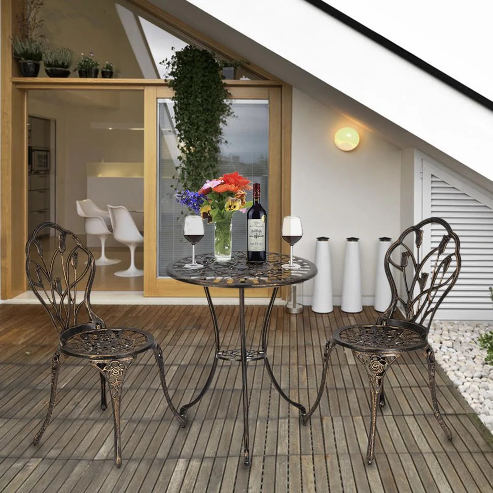 Tulip Cast Iron 3-Piece Patio Bistro Set – Bronze Outdoor Table & Chair Set