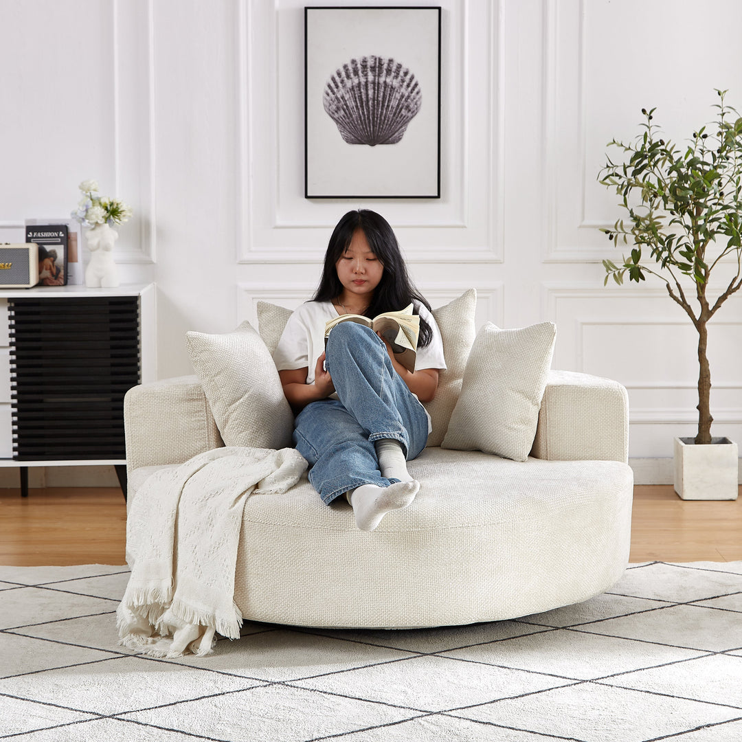 55" Beige Chenille Swivel Chair with Neck Pillow