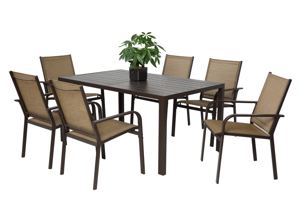 7-Piece Patio Dining Set with Table and 6 Stackable Textilene Chairs, Brown