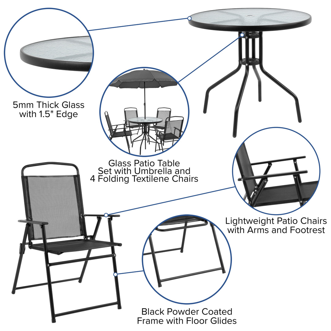 Sierra 6-Piece Black Patio Dining Set with Folding Chairs & Umbrella – Portable Outdoor Garden Table Set