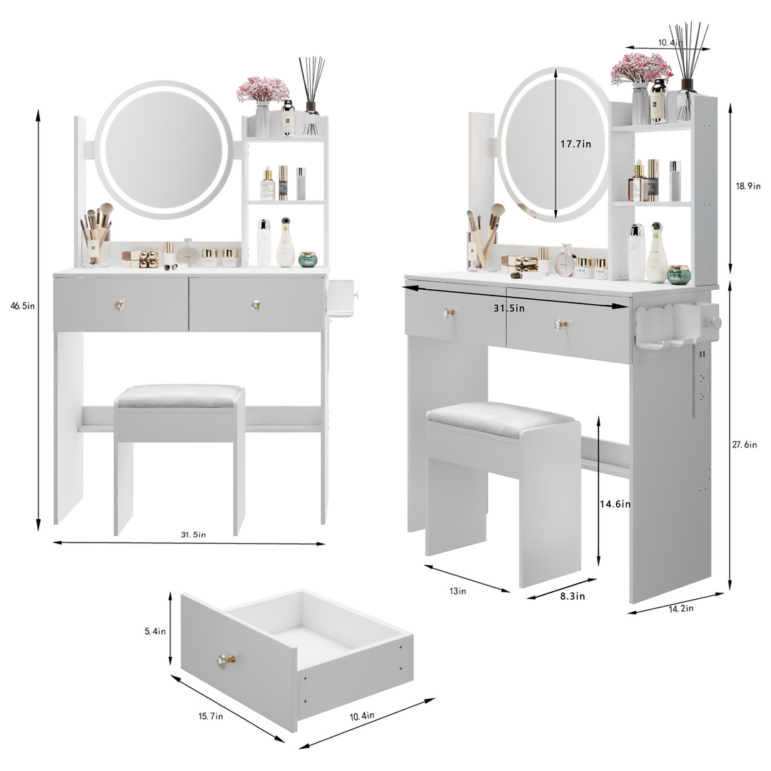 17" Round LED Mirror Vanity Table with Stool & Storage
