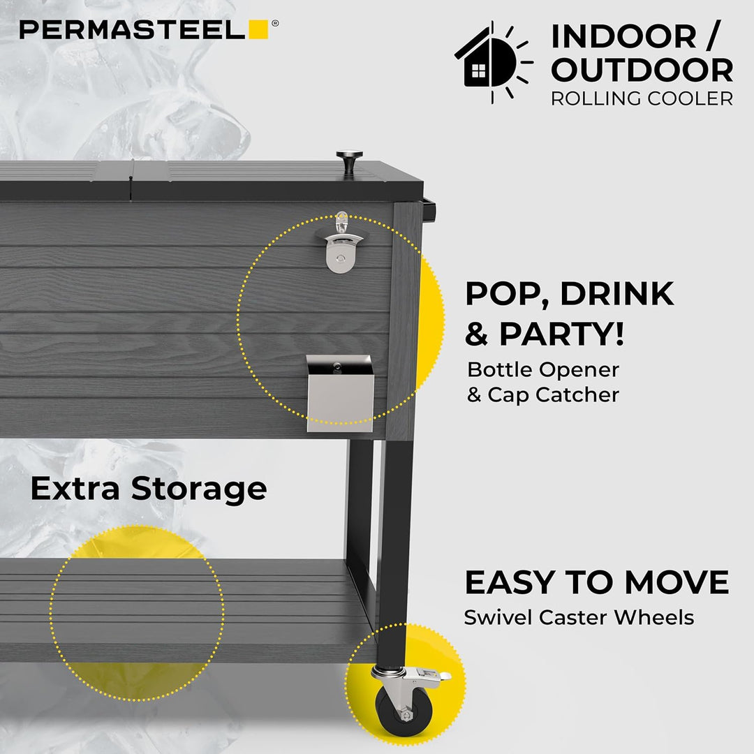 Permasteel 80-Quart Rolling Patio Cooler – Gray Wood Grain Outdoor Beverage Cart with Locking Wheels & Insulated Ice Chest