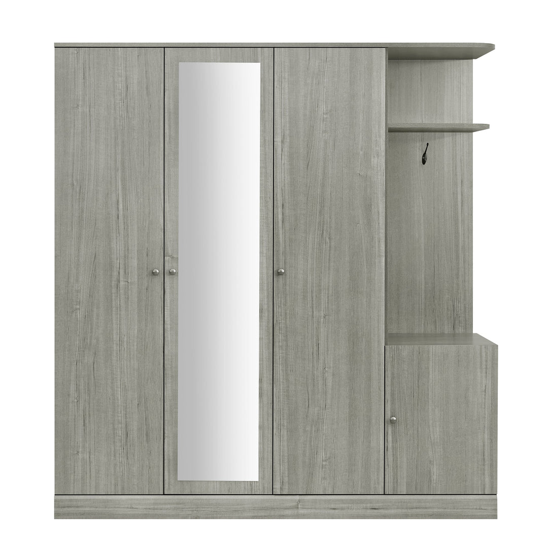 4-Door Gray Wardrobe with Mirror, Shelves, Drawer, and Shoe Storage
