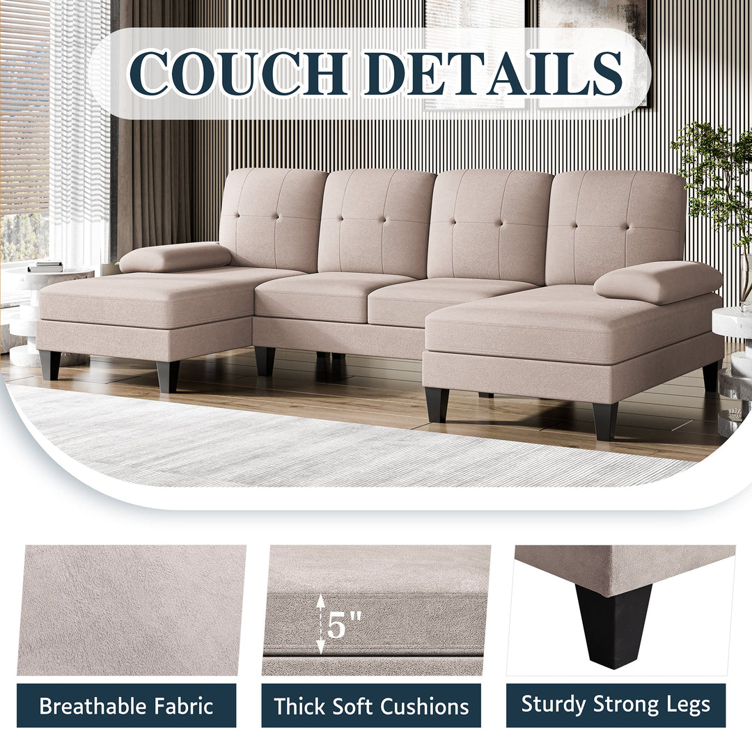 106" U-Shaped 4-Seat Modern Sectional Sofa with Double Chaises – Linen Upholstery