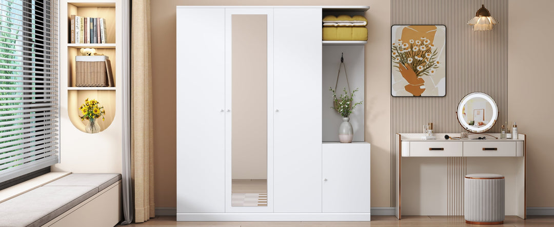 4-Door White Wardrobe with Mirror, Shelves, Drawer, Shoe Storage