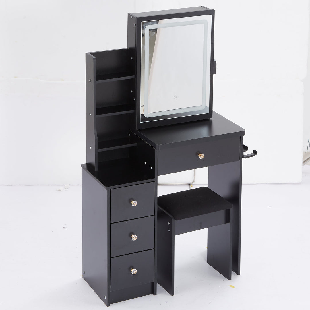 29.2" Compact Vanity Table with LED Mirror, Charging Station, Hair Dryer Holder, Stool