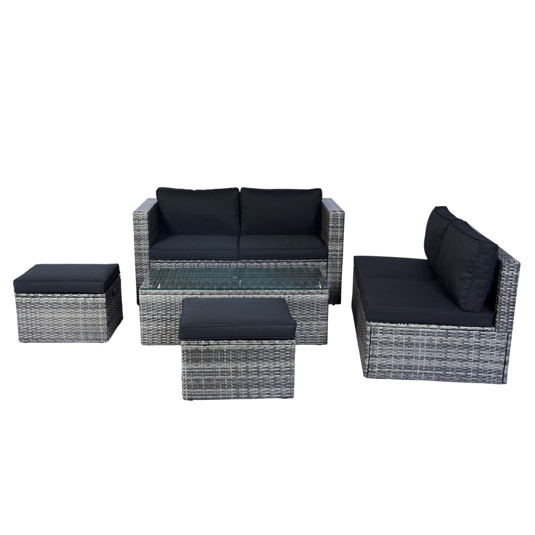 6-Piece Grey Wicker Patio Sectional Set with Black Cushions
