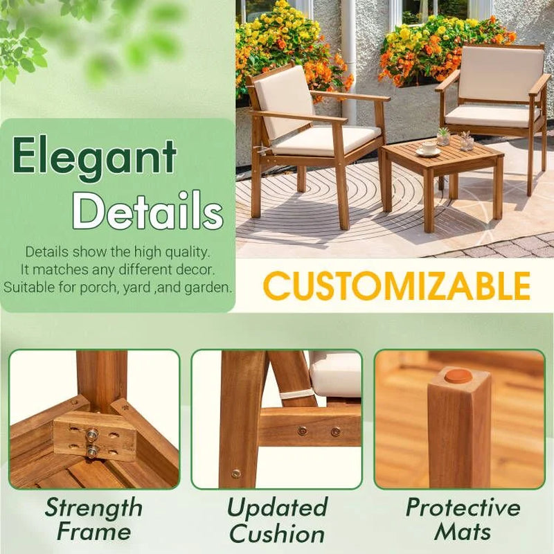 3-Piece Acacia Wood Patio Conversation Set | Beige Cushions & Side Table